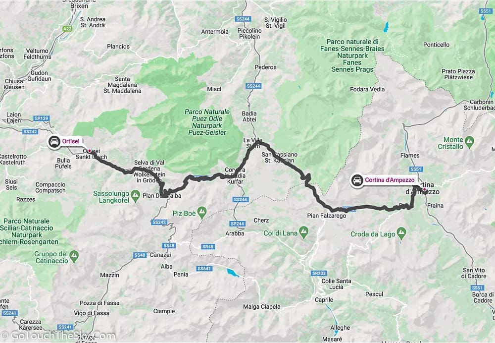 ortisei to cortina map